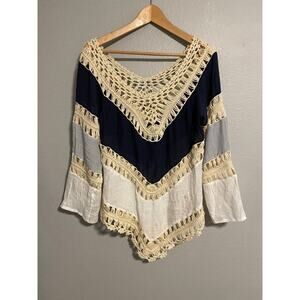 Womens Tunic Size Medium Colorblock Tiered Crochet Trim Semi Sheer Hippie Boho